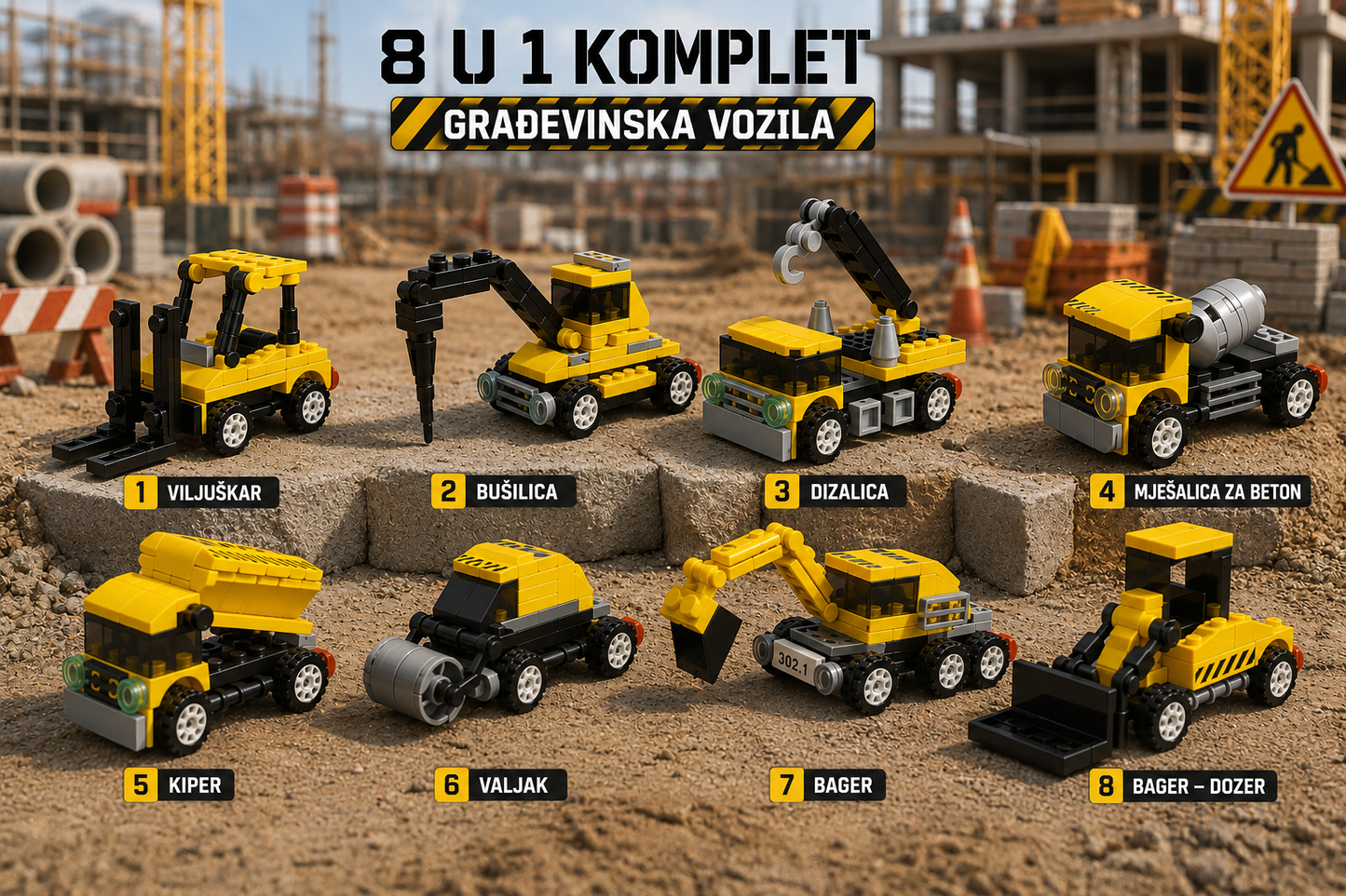 KOMPLET  8 u 1 - Građevinska vozila