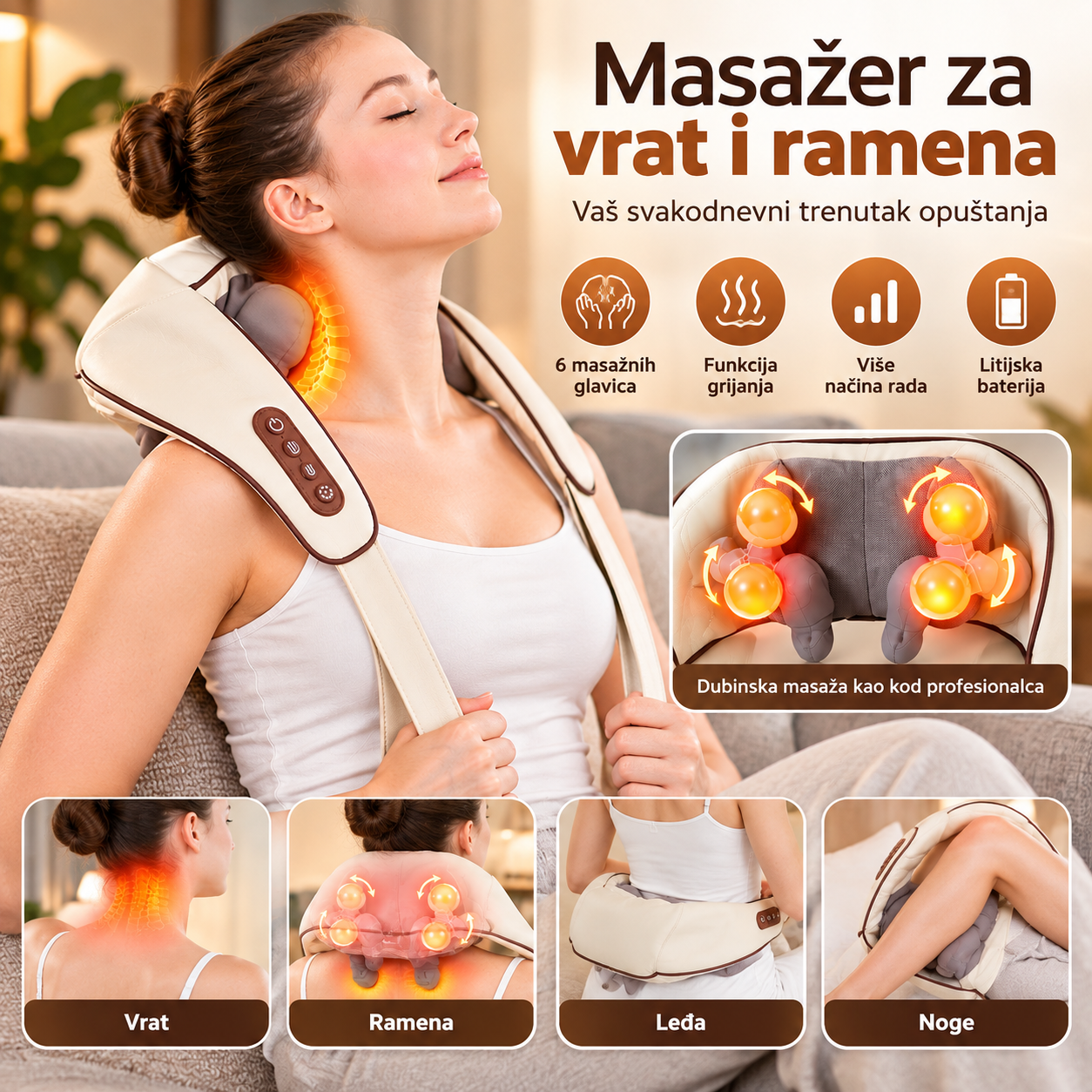 Bežični Električni Masažer  –  6 Glava + Grijanje